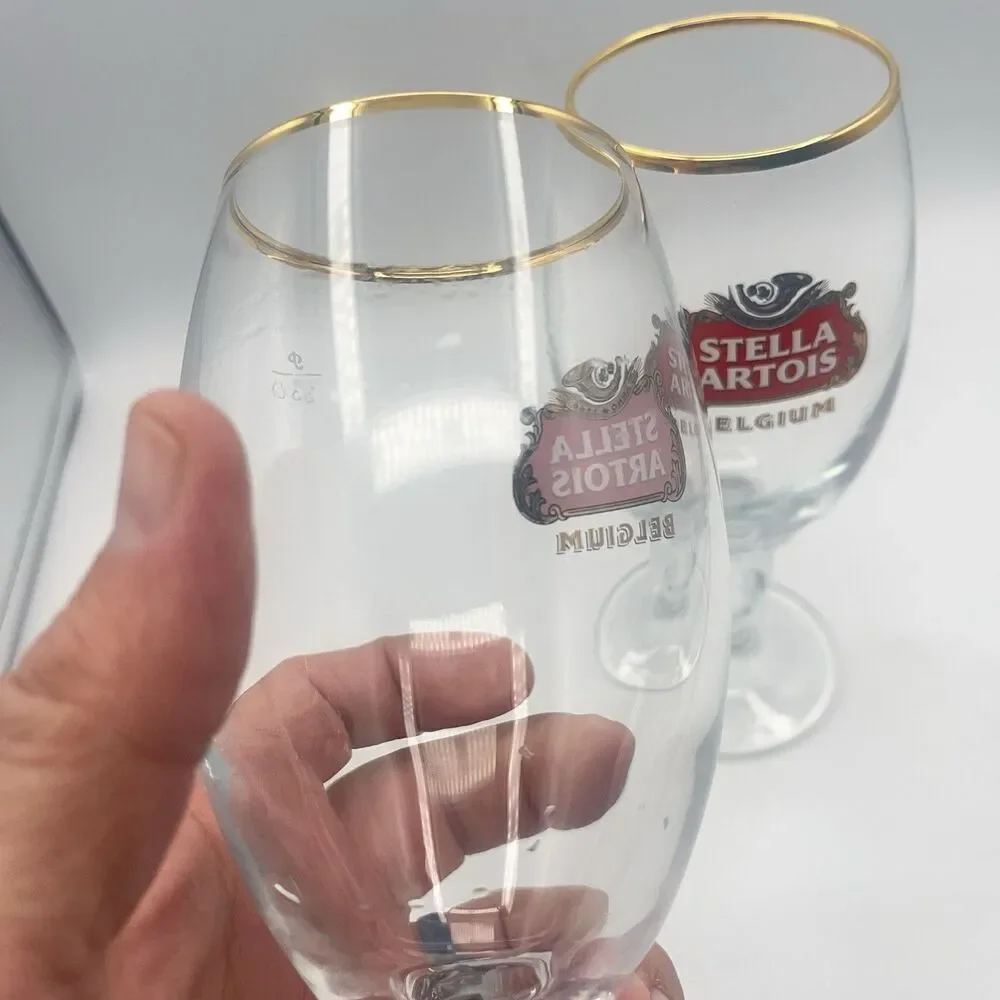 STELLA ARTOIS Belgium Chalice Beer Glass 33 CL Gold Rim (Set Of 2)